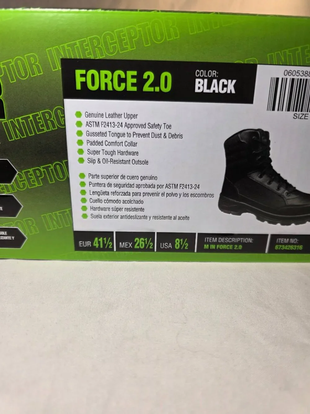 Interceptor Men's Black Leather Tactical Steel Toe Boots Force 2.0 Size 8.5 NWT